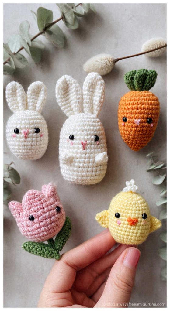 crochet bunny carrot chick tulip and flower amigurumi set cute handmade easter toys in soft pastel colors