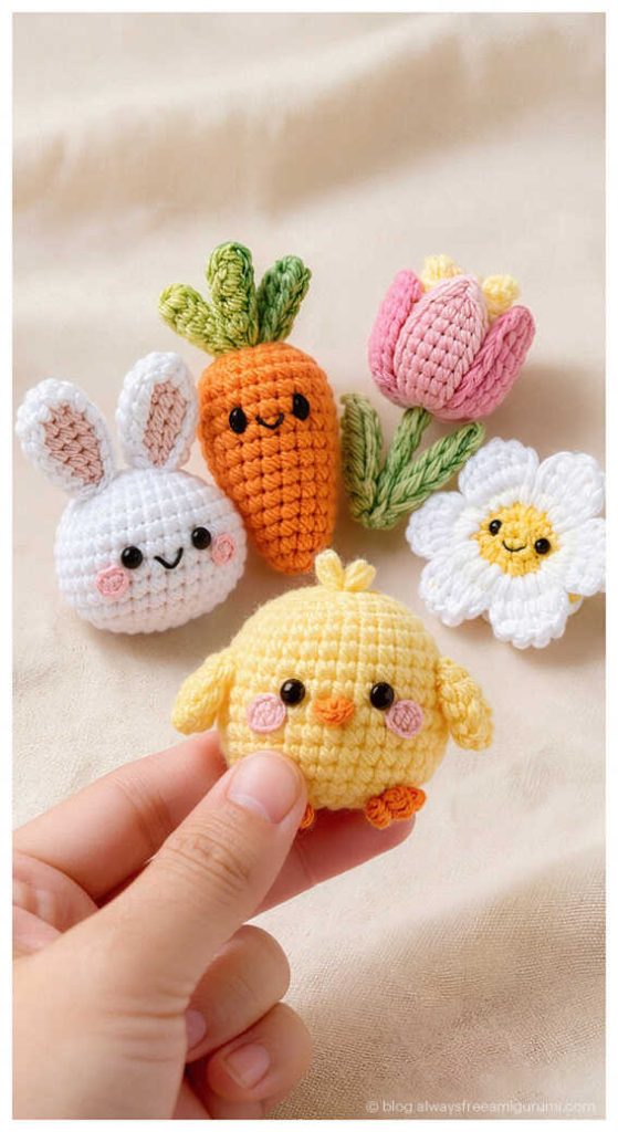 small crochet chick bunny carrot tulip and daisy amigurumi set cute handmade easter toys held in hand