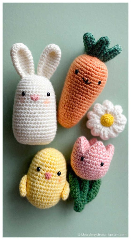 mini crochet bunny carrot chick tulip and daisy amigurumi set cute handmade easter toy collection
