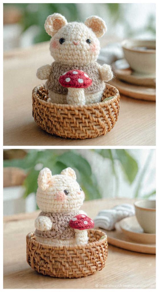 tiny hamster amigurumi crochet doll with mushroom in wicker basket cute crochet gift idea