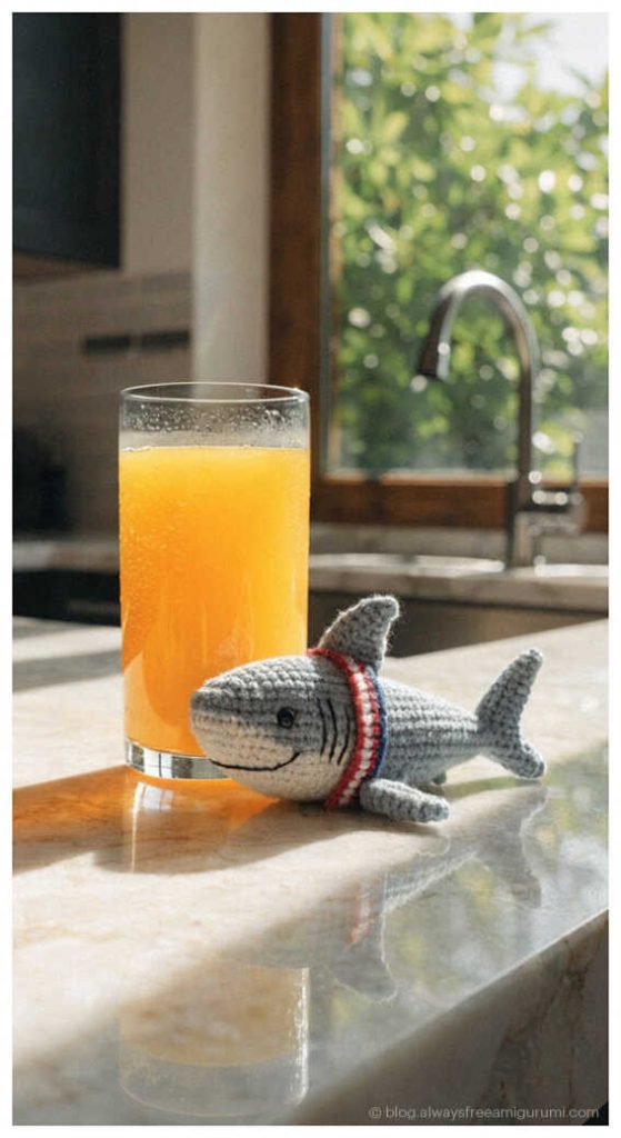 mini crochet shark amigurumi resting beside a glass of orange juice on a kitchen counter cute ocean animal toy