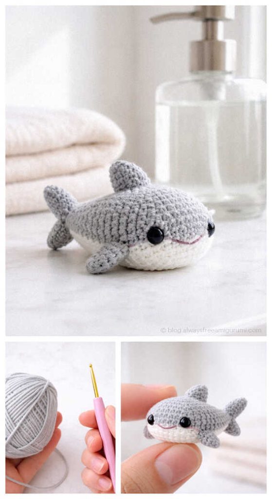 small gray crochet shark amigurumi on bathroom counter and held in hand showing tiny handmade toy size