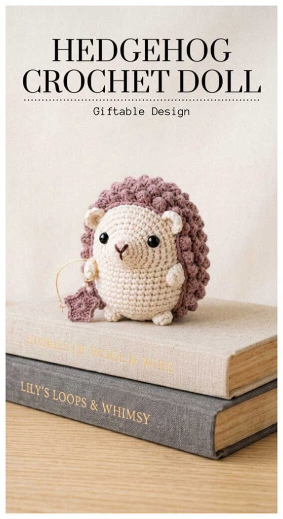 Hedgehog crochet doll on stacked books, charming handmade nursery decor idea