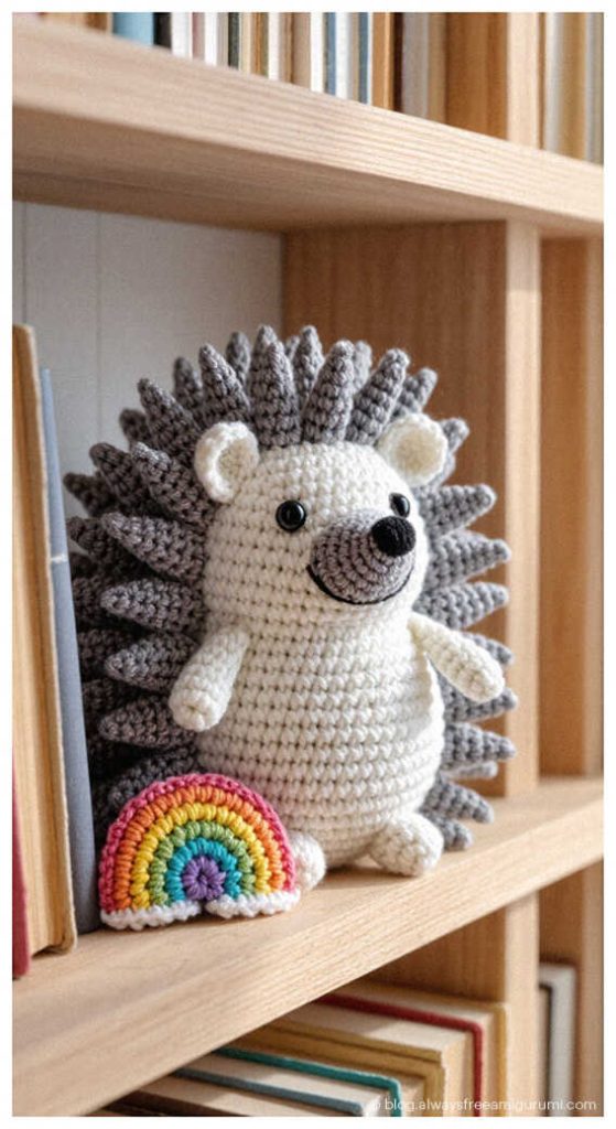 Woodland hedgehog amigurumi on bookshelf with rainbow detail, adorable handmade crochet decor