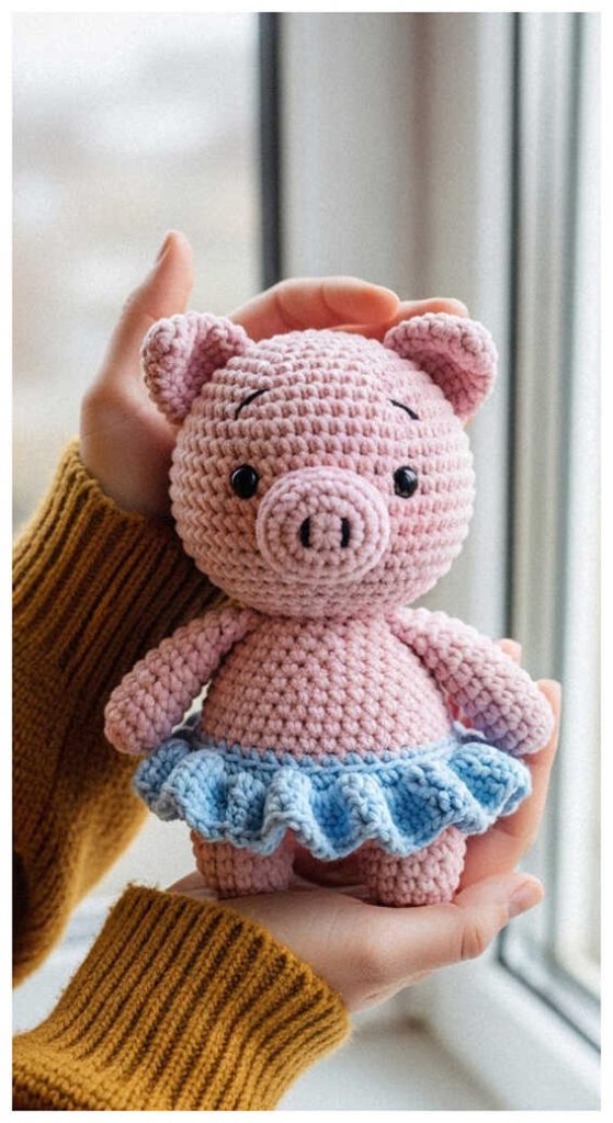 Amigurumi pig doll with blue skirt held by window, cute crochet pig toy for gifts