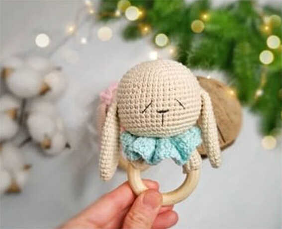 crochet bunny baby rattle finished look free crochet pattern handmade bunny toy with wooden ring