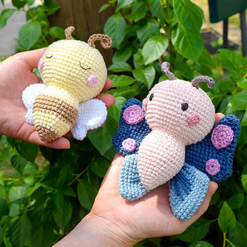 crochet butterfly and bee amigurumi in hand free crochet pattern cute handmade insect toys outdoor setting