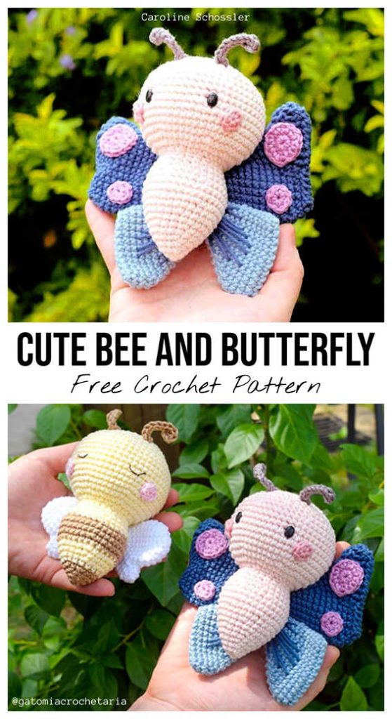 crochet butterfly and bee amigurumi free pattern cute handmade insect toys soft yarn details
