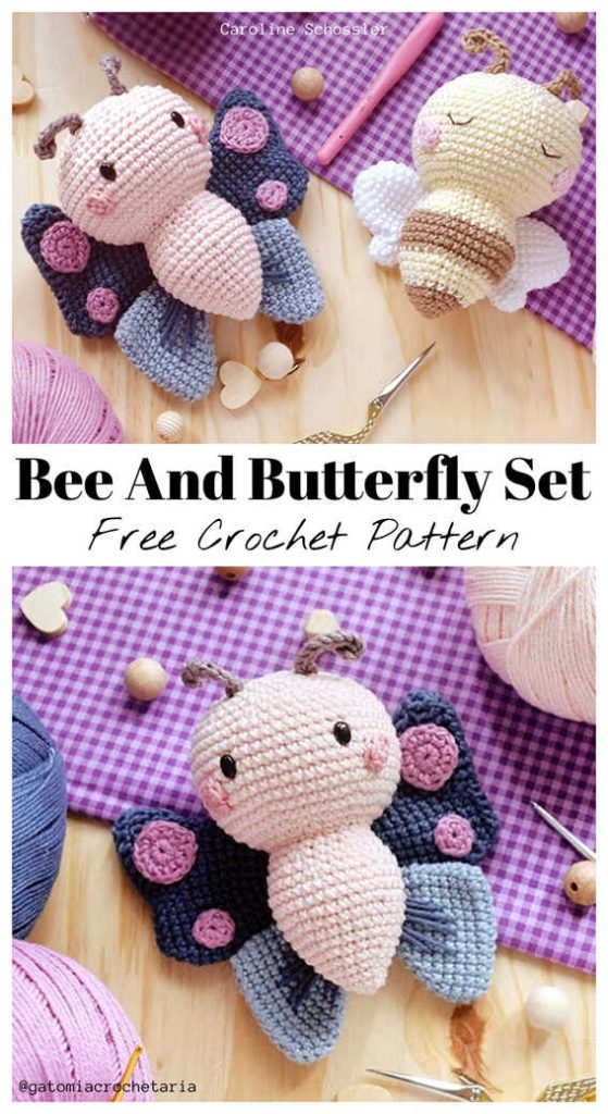butterfly and bee amigurumi free crochet pattern small handmade insect toys colorful wings and stripes