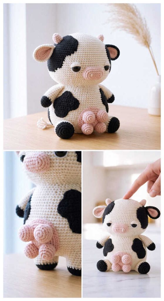 small crochet cow amigurumi sitting toy cute handmade cow doll with black spots