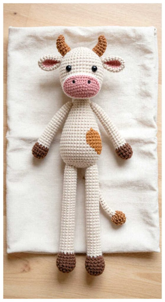 long crochet cow amigurumi doll lying flat cute handmade cow toy soft yarn detail
