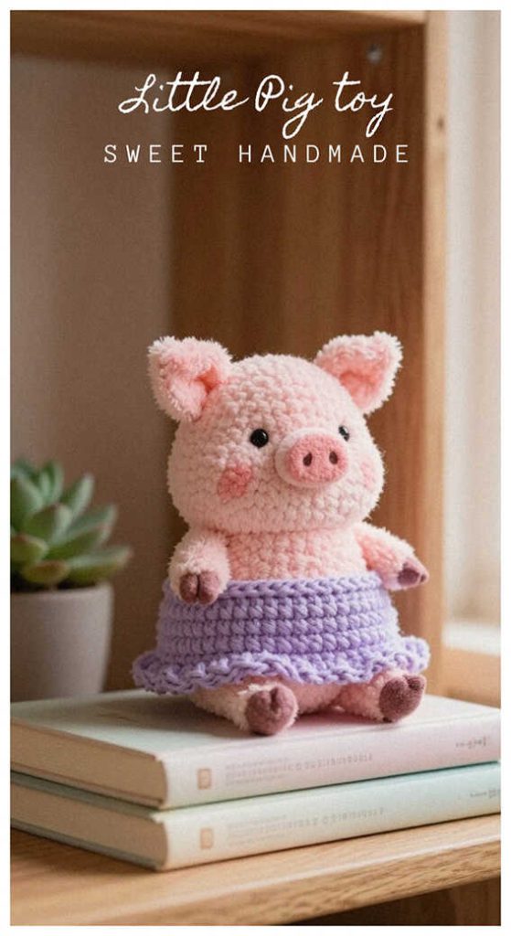 Amigurumi pig doll sitting on books, adorable crochet pig plush for decor