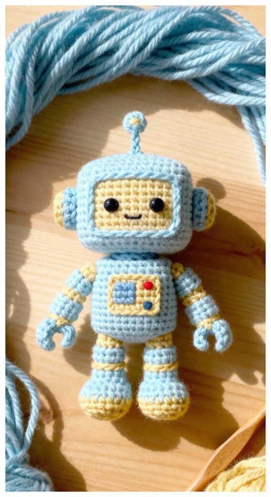 blue crochet robot amigurumi toy handmade robot doll soft yarn detail free pattern inspiration