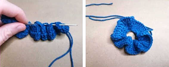 crochet ruffle collar step free crochet pattern showing how to gather stitches for baby rattle detail