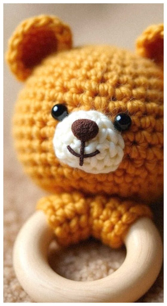 crochet bear baby rattle with wooden ring cute handmade baby toy soft yarn texture