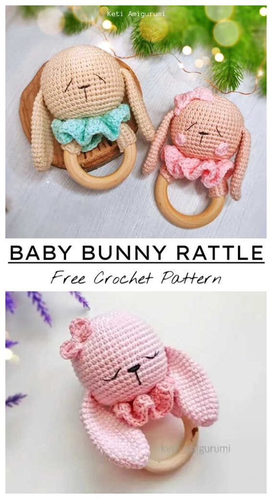 cute bunny rattle amigurumi free crochet pattern soft handmade baby toy with wooden ring