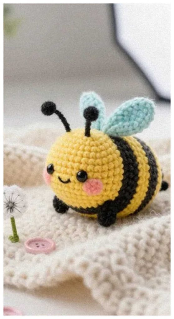 tiny crochet bee amigurumi on blanket cute handmade bee toy free pattern style soft texture