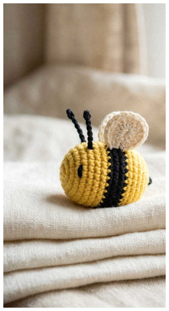 small crochet bee amigurumi close up cute handmade bee toy free crochet pattern idea