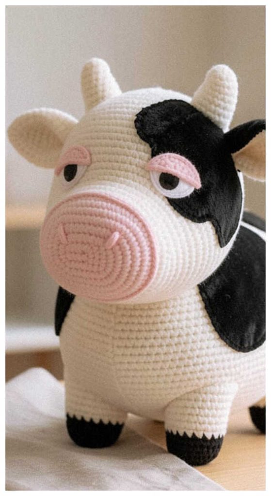 crochet cow amigurumi close up large head cute handmade cow toy soft texture detail