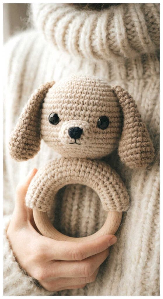 crochet dog baby rattle with wooden ring cute handmade baby toy held in hands