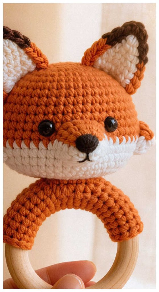 crochet fox baby rattle with wooden ring cute handmade baby toy close up