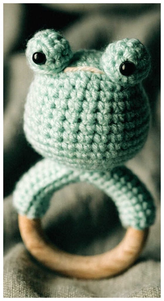 crochet frog baby rattle with wooden ring cute handmade baby toy soft yarn texture