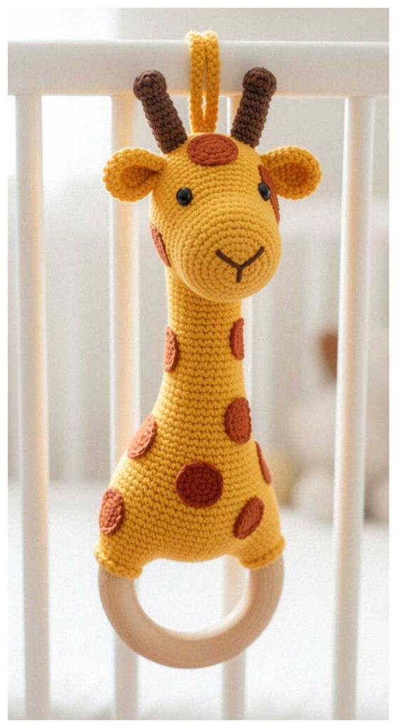 crochet giraffe baby rattle with wooden ring cute handmade baby toy hanging on crib