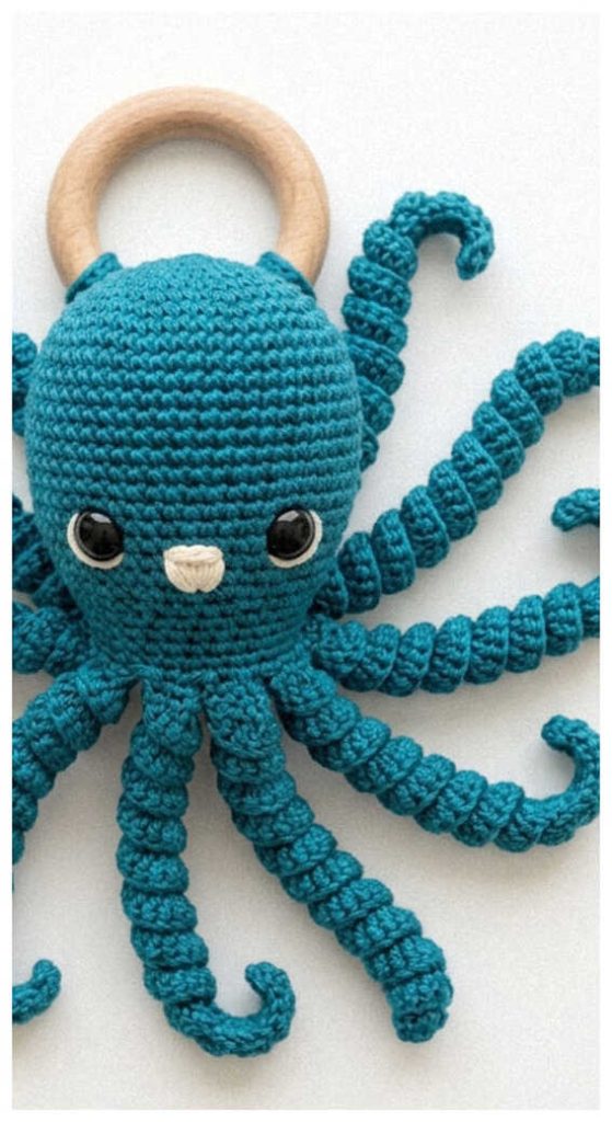 crochet octopus baby rattle with wooden ring cute handmade baby toy sea animal design