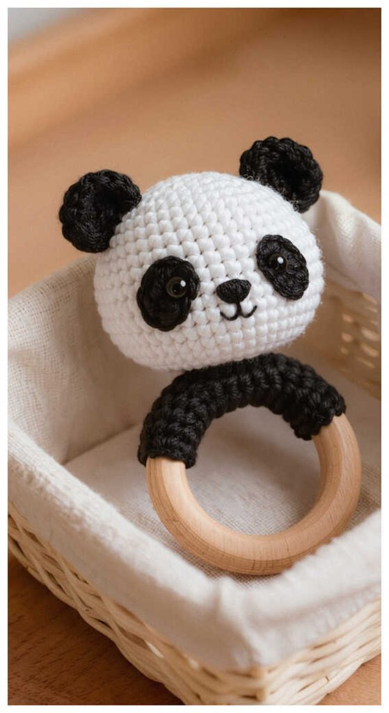 crochet panda baby rattle with wooden ring cute handmade baby toy in basket