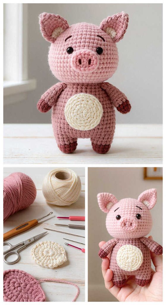 Amigurumi pig crochet toy with tools setup, small crochet pig project idea