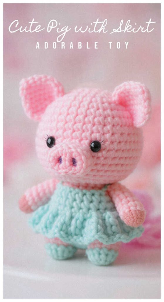 Amigurumi pig doll with green skirt close up, cute crochet pig plush for gifts