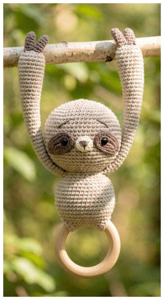 crochet sloth baby rattle with wooden ring cute handmade baby toy hanging on branch