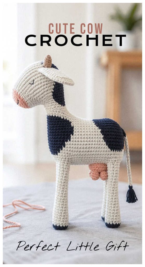 tall crochet cow amigurumi doll cute handmade cow toy standing design with long legs