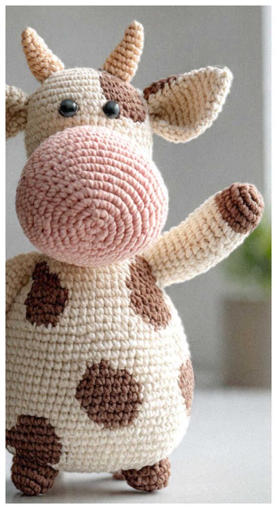 cute crochet cow amigurumi with brown spots handmade cow toy close up face detail