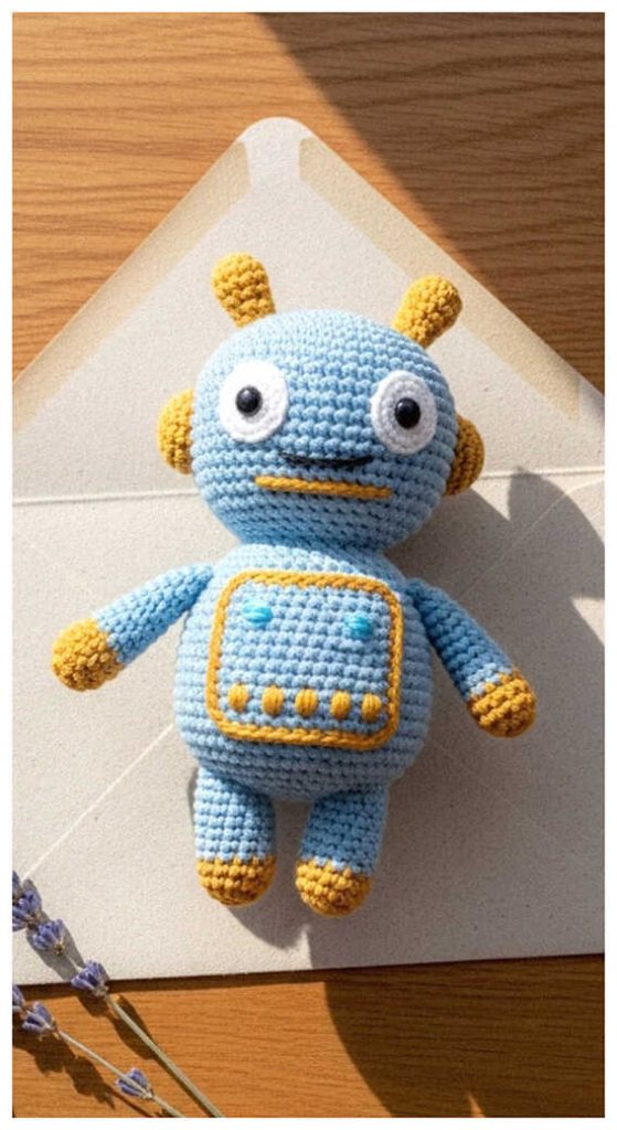 blue crochet robot amigurumi toy flat lay cute handmade robot doll free pattern inspiration