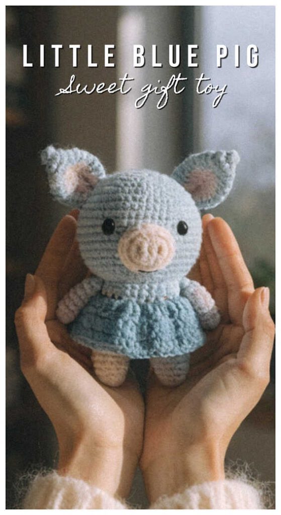 Amigurumi pig doll in hands with blue dress, tiny crochet pig plush for gifts