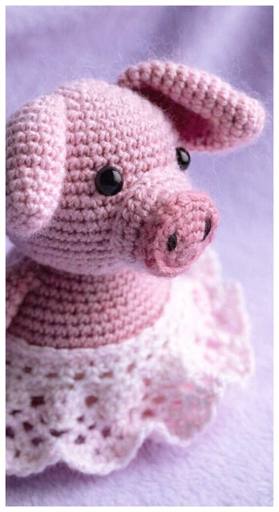 Amigurumi pig doll close up with lace skirt, soft crochet pig plush detail