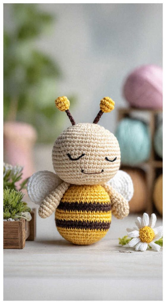 small crochet bee amigurumi with wings cute handmade bee toy free pattern style natural setup