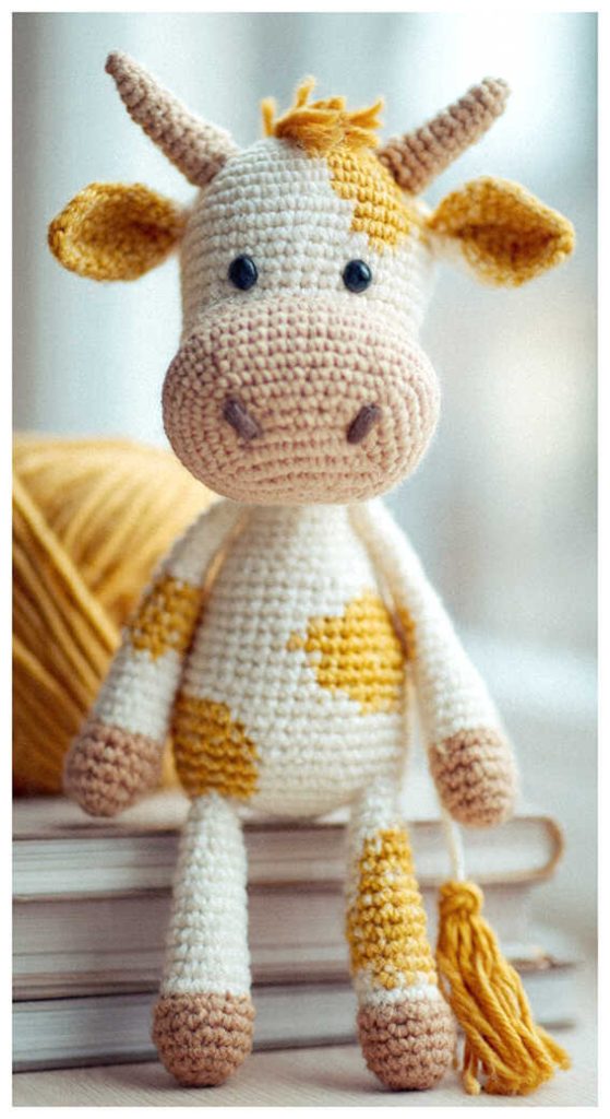 crochet cow amigurumi with horns cute handmade cow toy long legs soft yarn detail