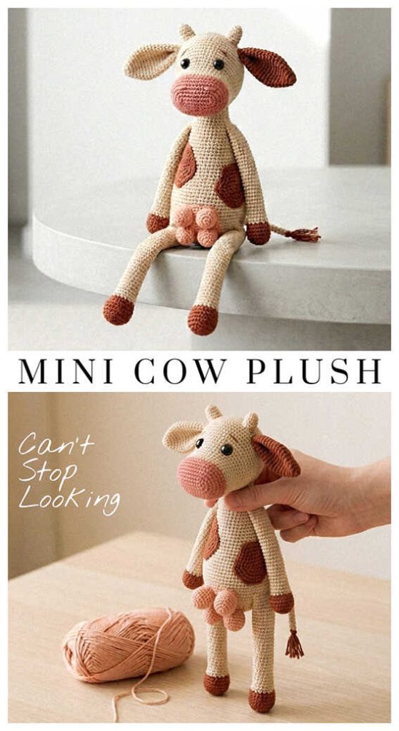mini cow plush amigurumi sitting doll cute handmade cow toy soft neutral colors
