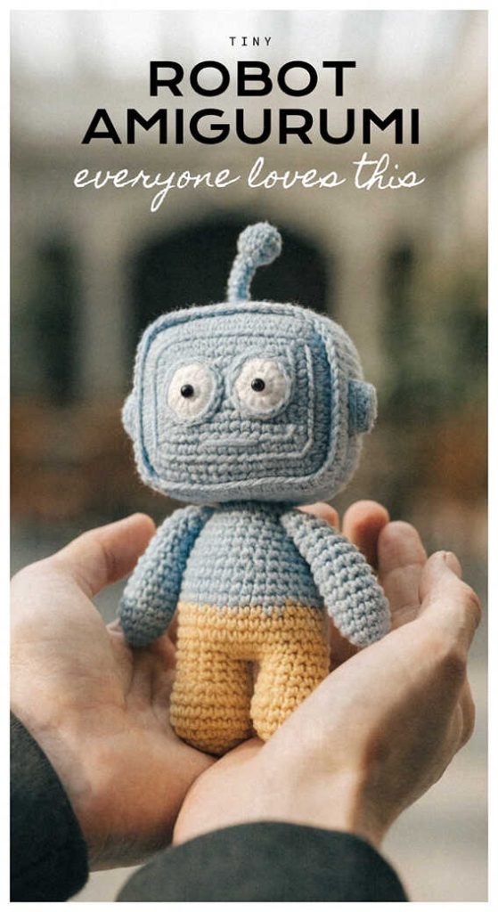 small crochet robot amigurumi held in hands cute handmade robot toy free crochet pattern style