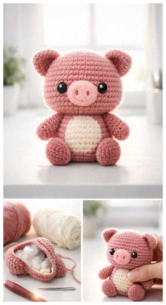 Amigurumi pig doll sitting simple style, cute crochet pig toy for decor