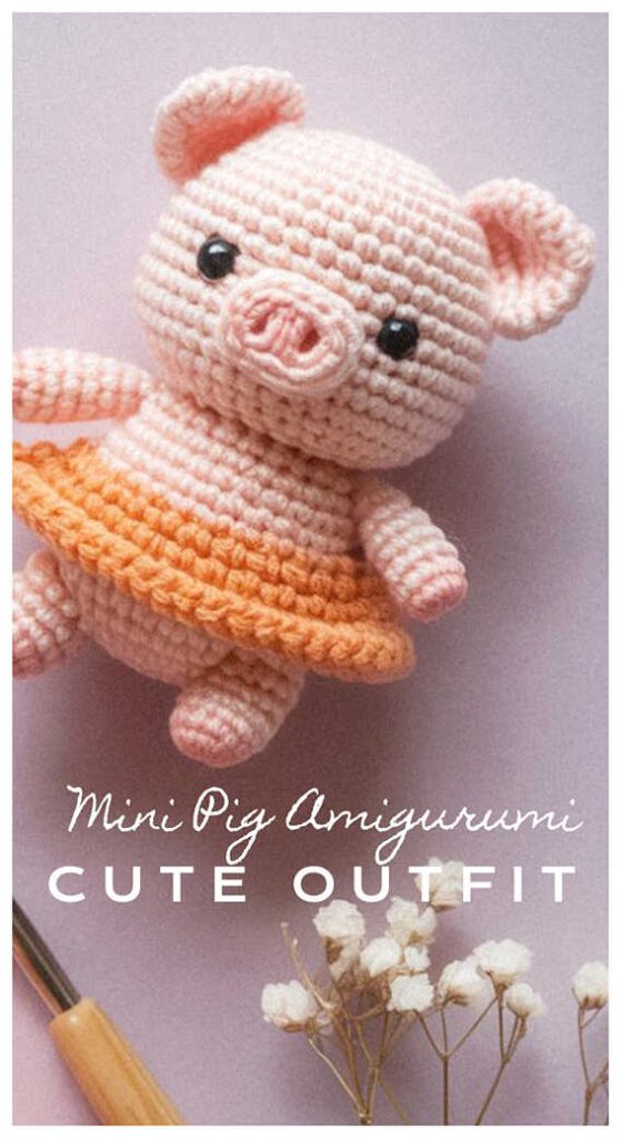 Amigurumi pig doll with orange dress flat view, mini crochet pig plush design