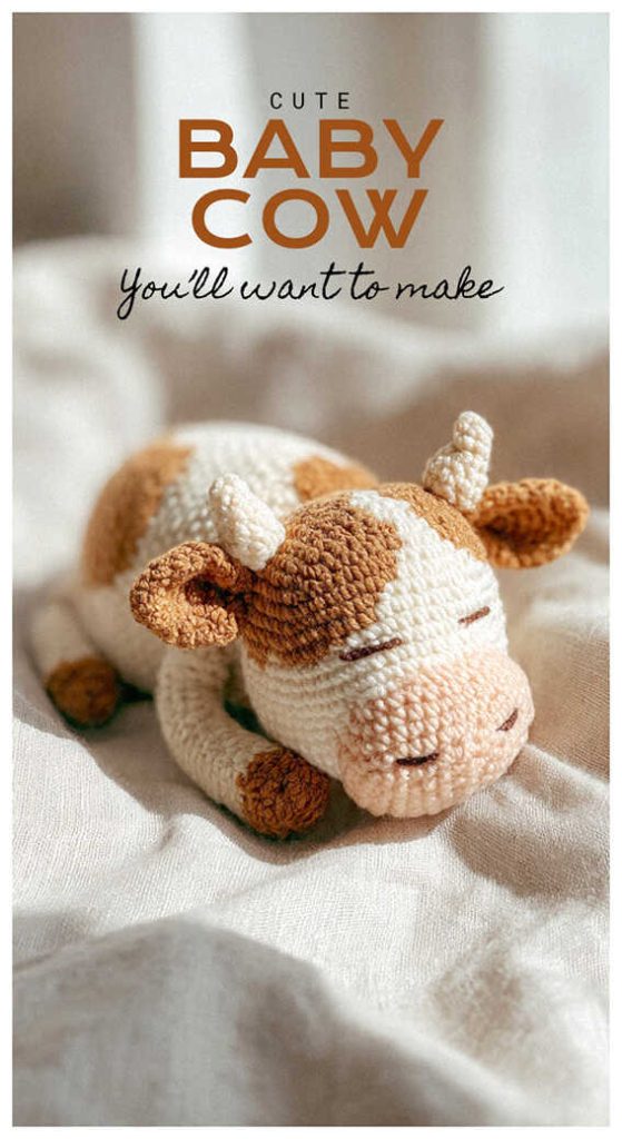 small crochet baby cow amigurumi lying down cute handmade cow toy cozy setting