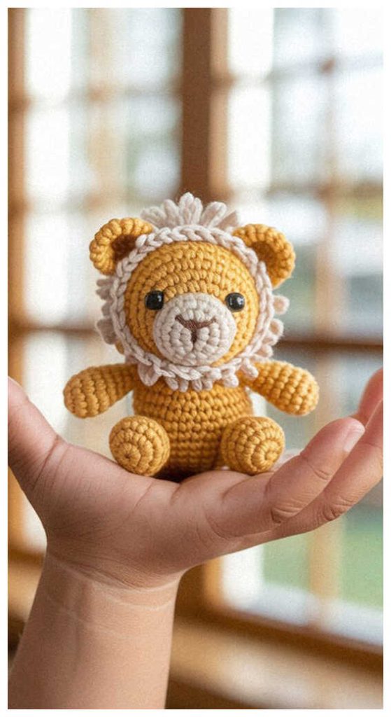 small crochet lion amigurumi in hand cute handmade lion toy free crochet pattern style gift idea