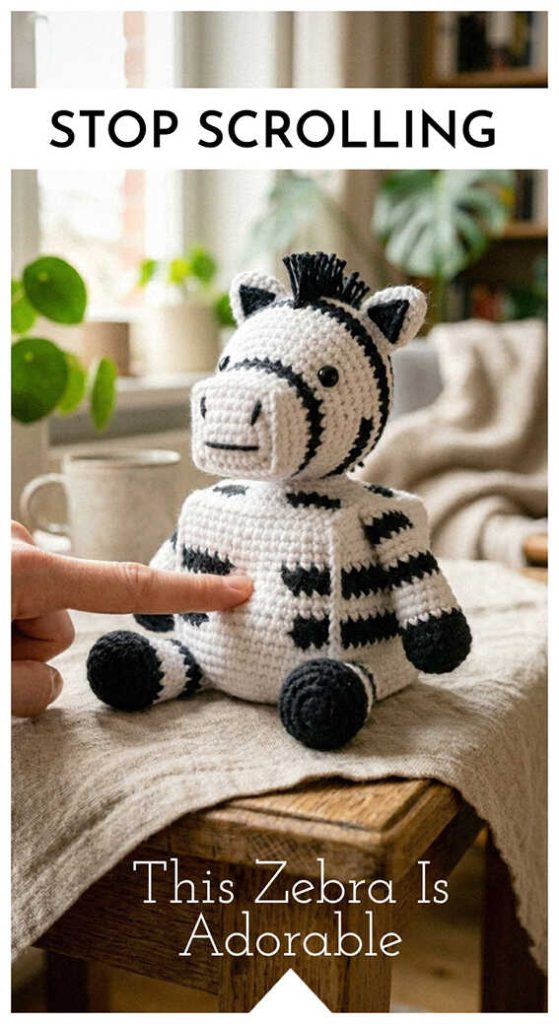 small crochet zebra amigurumi on table cute handmade zebra toy free crochet pattern idea