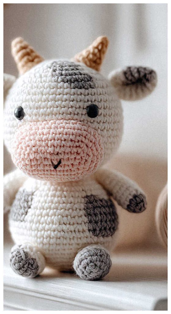 cute crochet cow amigurumi close up handmade cow toy soft yarn texture detail