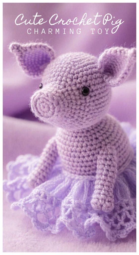 Amigurumi pig crochet doll with purple skirt, adorable crochet pig plush look