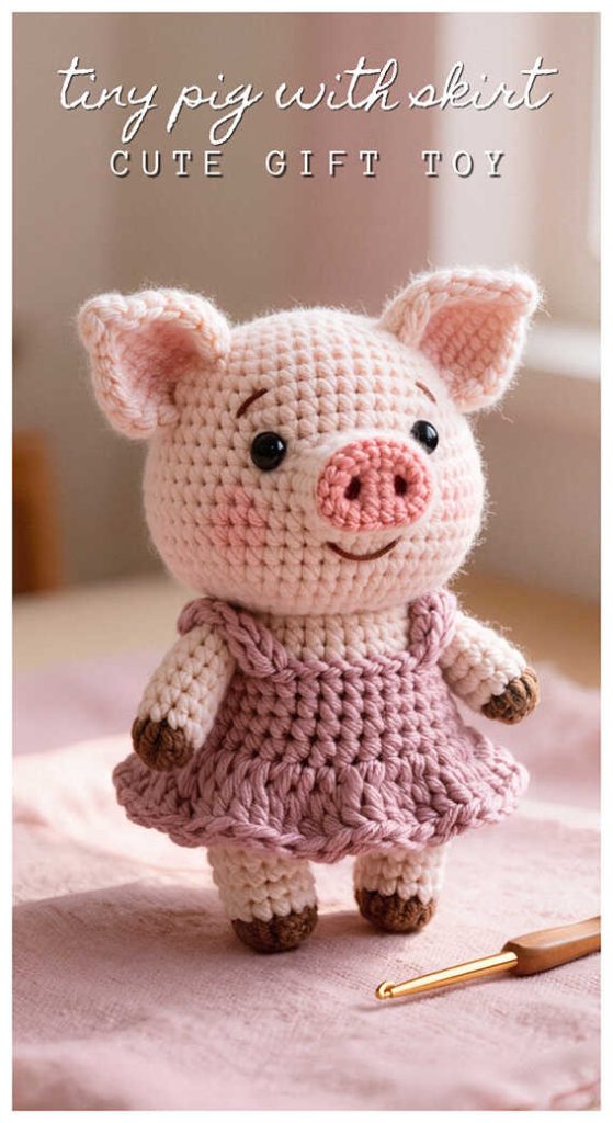 Amigurumi pig doll wearing skirt standing view, cute crochet pig plush for gifts