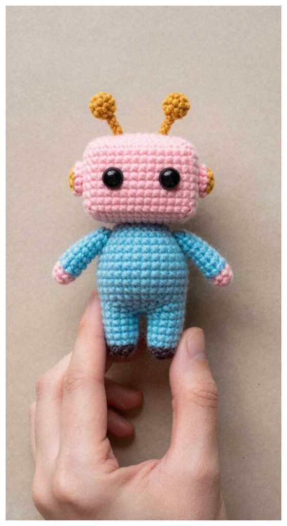 mini crochet robot amigurumi held in hand cute handmade robot toy free crochet pattern idea